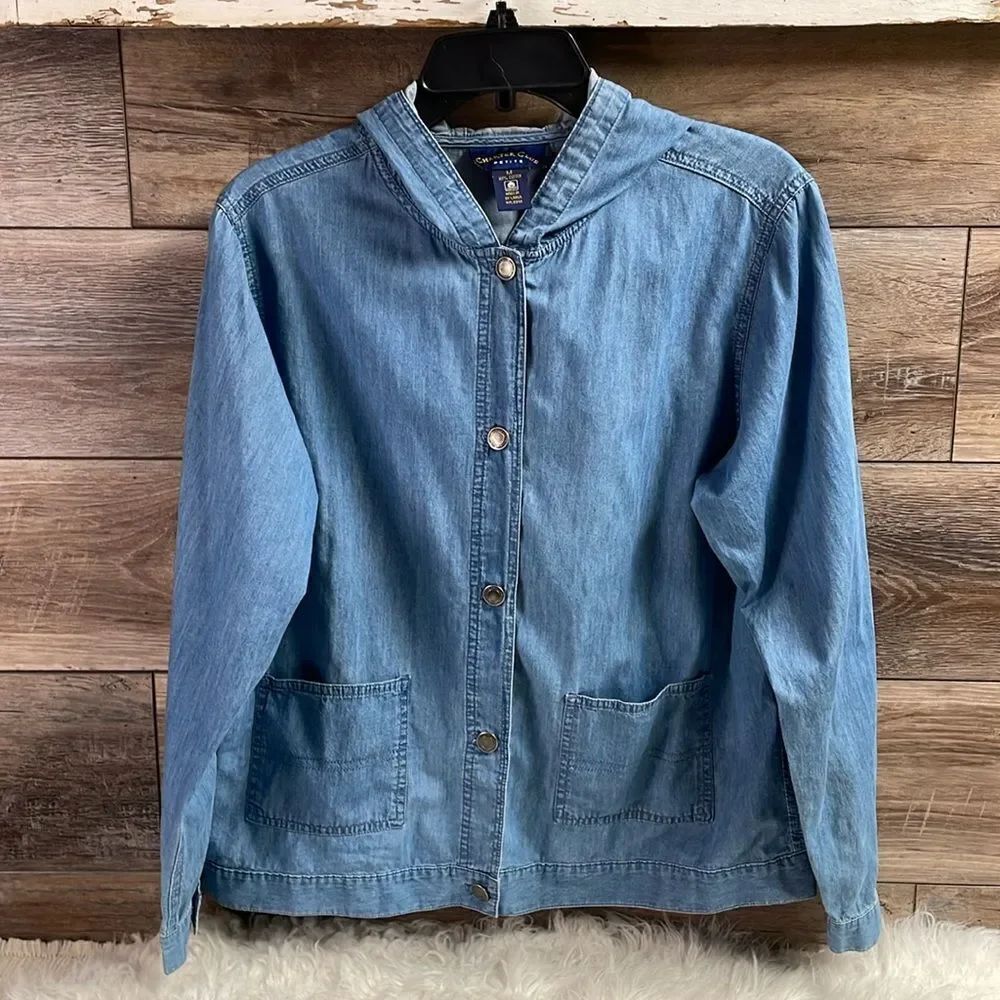 CHARTER CLUB Petite Lightweight Cotton Denim Blouse Hooded Jacket Blue SZ M